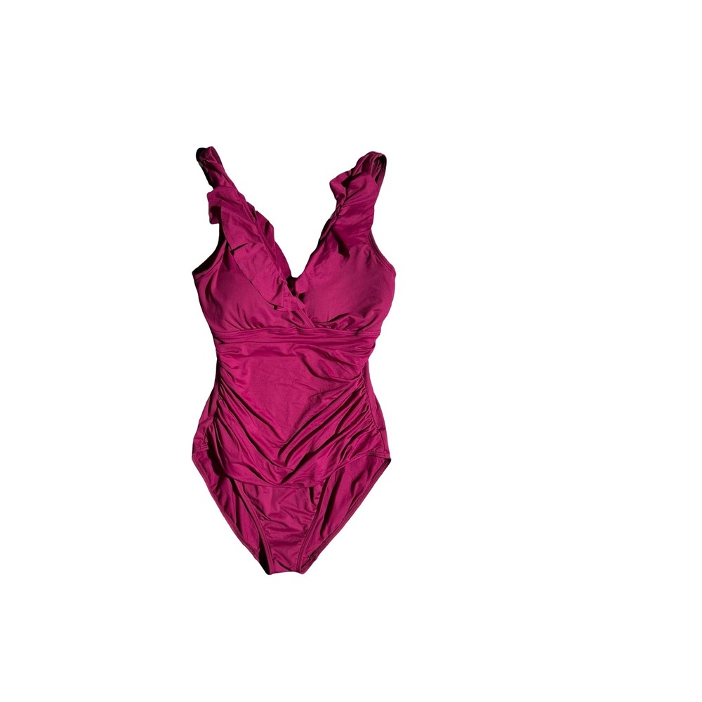Lauren Ralph Lauren Magenta Pink Ruffle Ruched One Piece Swimsuit V-Neck Womens